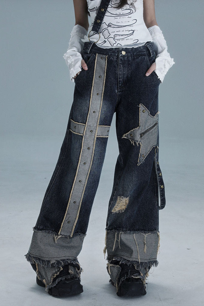 ローライズワイドレッグウォッシュデニムパンツ