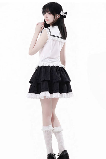 Cárdigan Dark Kawaii con cordones + Top marinero sin mangas + Falda