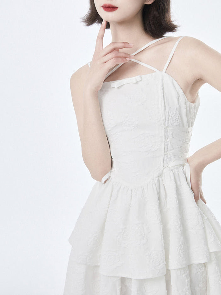 Rose Texture White Cross Suspender Tea Dress