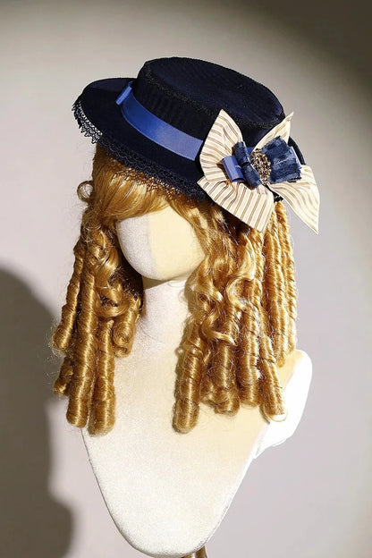 [11/6 Reservation Deadline] Navy Blue/Brown Classic Italian Travel Diary Lolita Series Accessories (Lace Ribbon Mini Hat / Pair of Striped Hair Clips / Brooch / Jabot-Style Bow Tie / Necktie with Metal Brooch / Embroidered Back Ribbon Train)