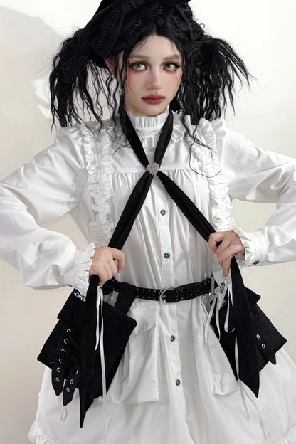 [Date limite de précommande : 11/6] Accessoires de la série steampunk marron x mode gothique noire (mini-chapeau à ruban cœur en velours + cravate à ruban motif cœur + sac de taille avec ceinture)