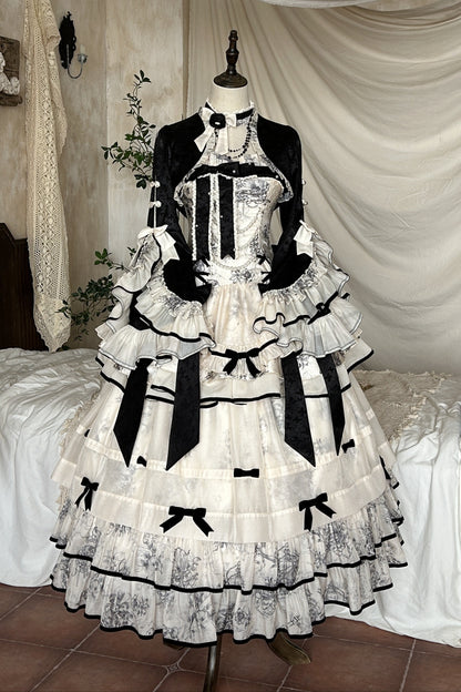 [Pre-order item] Brandy French Pearl Elegant Bustier Dress + Long Skirt + Black Jacquard Jacket + Complete Accessories