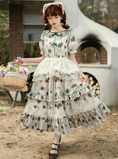 Wind Journey op] withpuji original design PH Pastoral Curved Tooth Double Collar Swing Skirt lolita