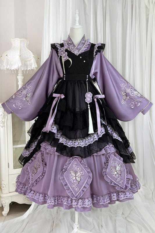 Farenops Butterfly Purple Purple Embroidley China Elegant Dress + Black Apron