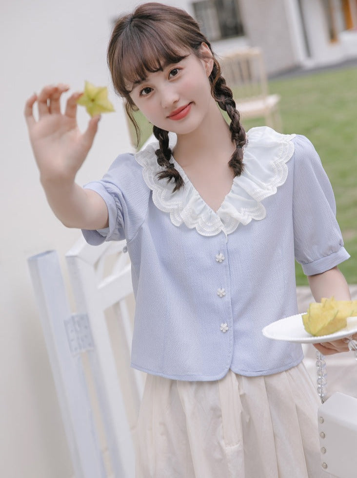 Puff sleeves French lace color shirt