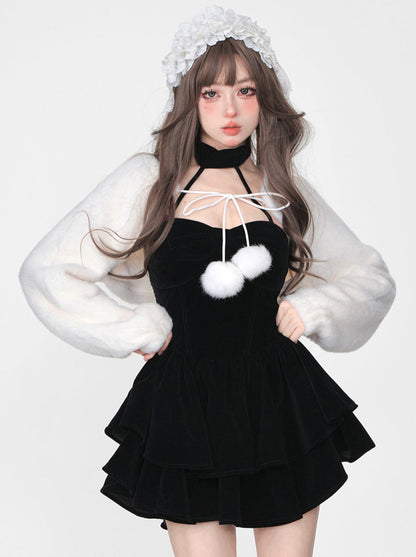 Snow Fur Short Jacket + Black Halter Neck Tiered Dress