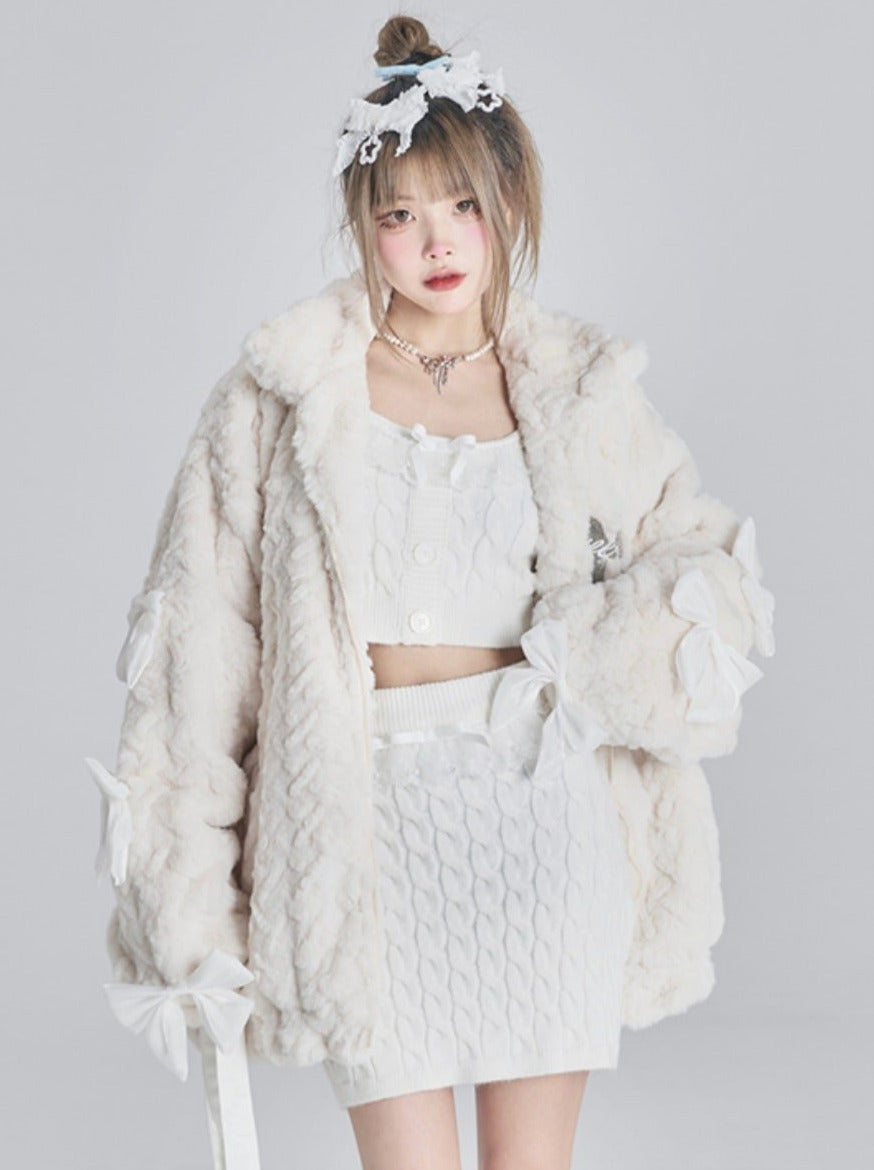 Design ribbon loose furry lamb's wool coat