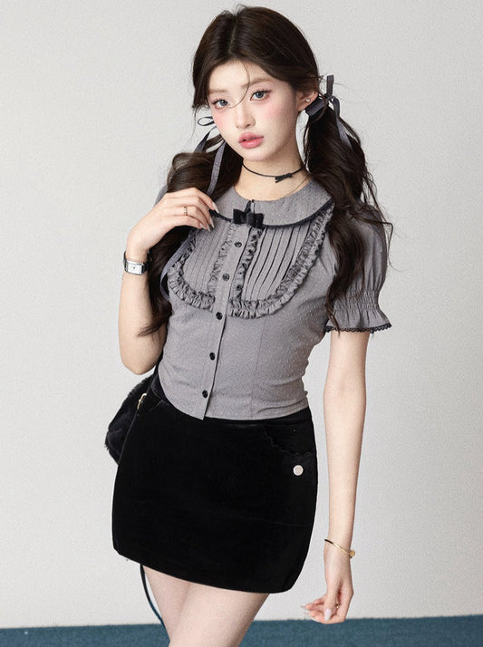 ドットショートサマーガーリーブラウス