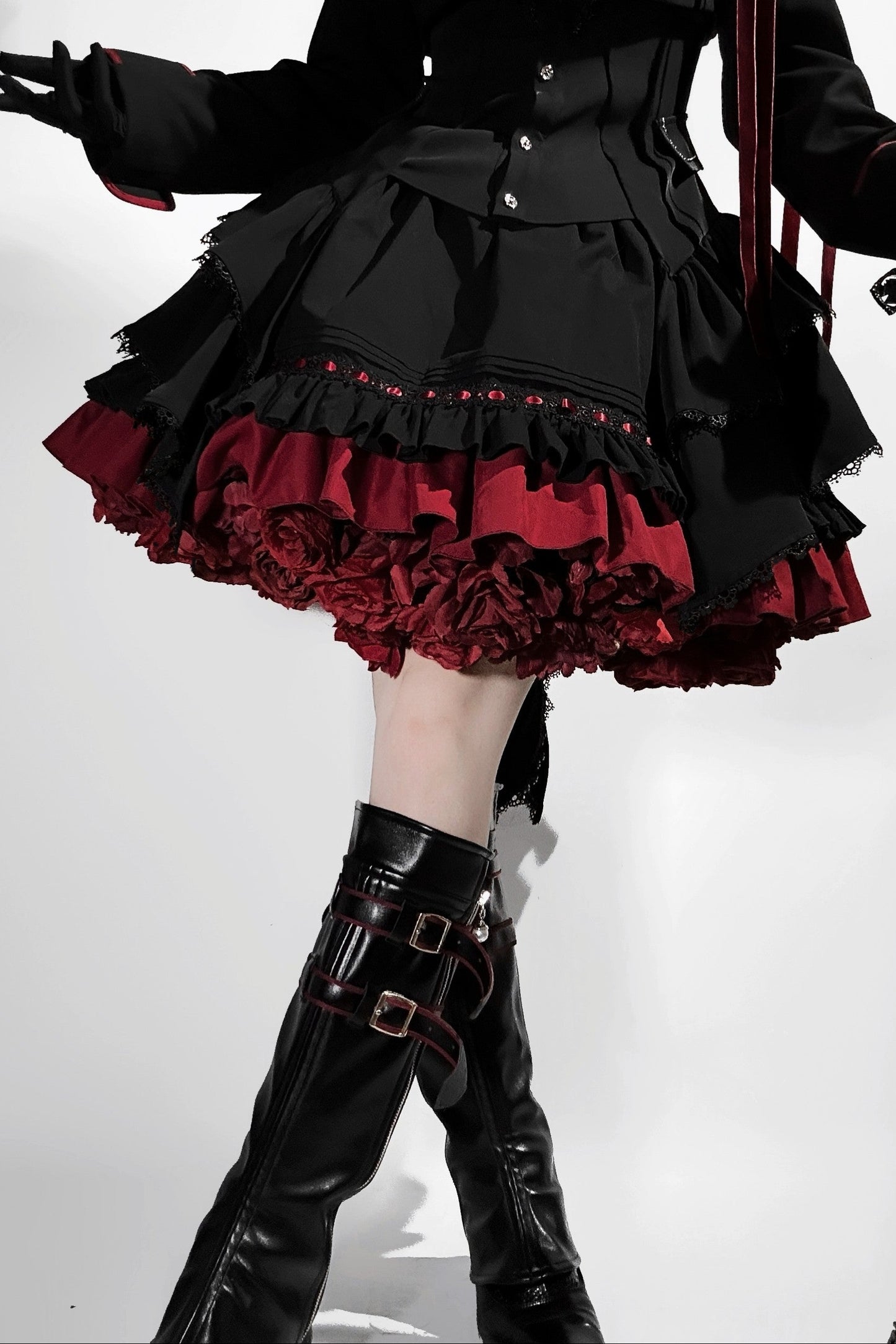 【9月13日予約締切】Black Red Military Ruffle Lolita Jacket (with epaulet bow) + Shirt + Short Skirt Set / Shorts Set + Complete set 1/2 (Officer cap + Leg covers + Sash)