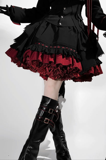 【9月13日予約締切】Black Red Military Ruffle Lolita Jacket (with epaulet bow) + Shirt + Short Skirt Set / Shorts Set + Complete set 1/2 (Officer cap + Leg covers + Sash)