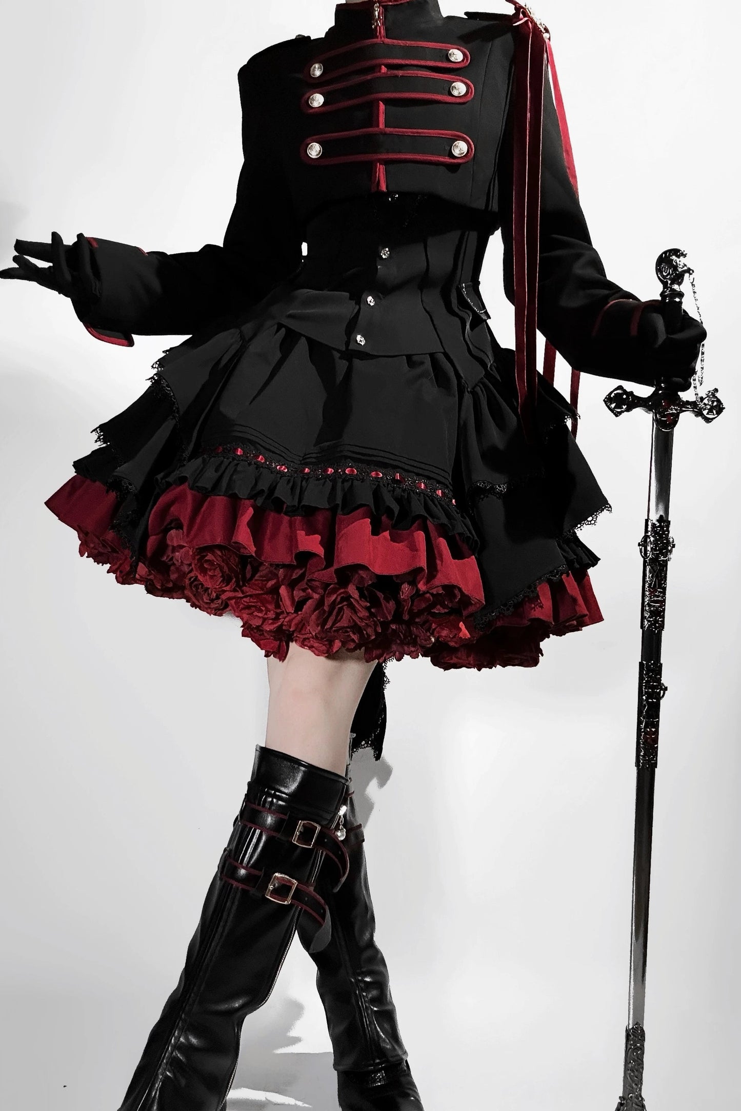 【9月13日予約締切】Black Red Military Ruffle Lolita Jacket (with epaulet bow) + Shirt + Short Skirt Set / Shorts Set + Complete set 1/2 (Officer cap + Leg covers + Sash)