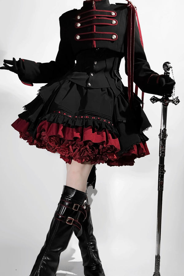 【9月13日予約締切】Black Red Military Ruffle Lolita Jacket (with epaulet bow) + Shirt + Short Skirt Set / Shorts Set + Complete set 1/2 (Officer cap + Leg covers + Sash)