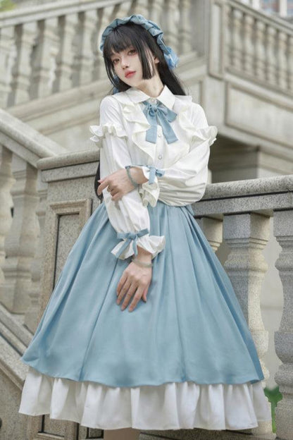 [Reservation product] Girly Frill Ribbon Shirt + Layered Skirt