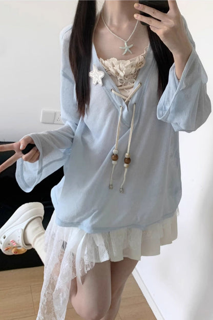 Seaside-Smok-Oberteile + Neckholder-Unterhemd + Asymmetrischer Rock