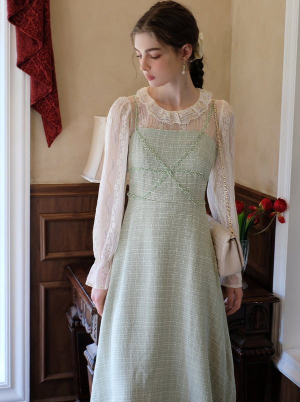 French Lace Shirt + Pearl Suspender Long Skirt
