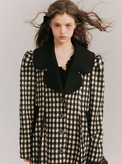 Big Collar Over Check Wool Coat