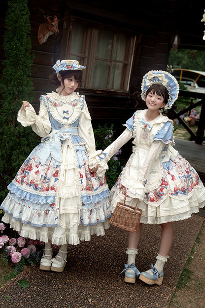 Rabbit Berry Embroidery Print Dress + Bonnet + Hat