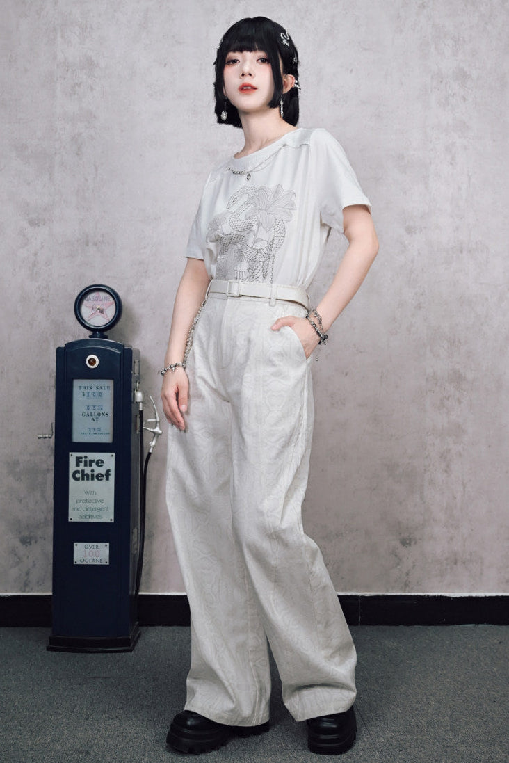 Snake Pattern Vintage Wide-Leg Pants (with Chain)