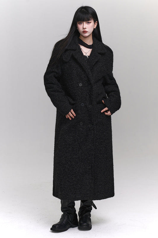 High neck mode dark long wool coat