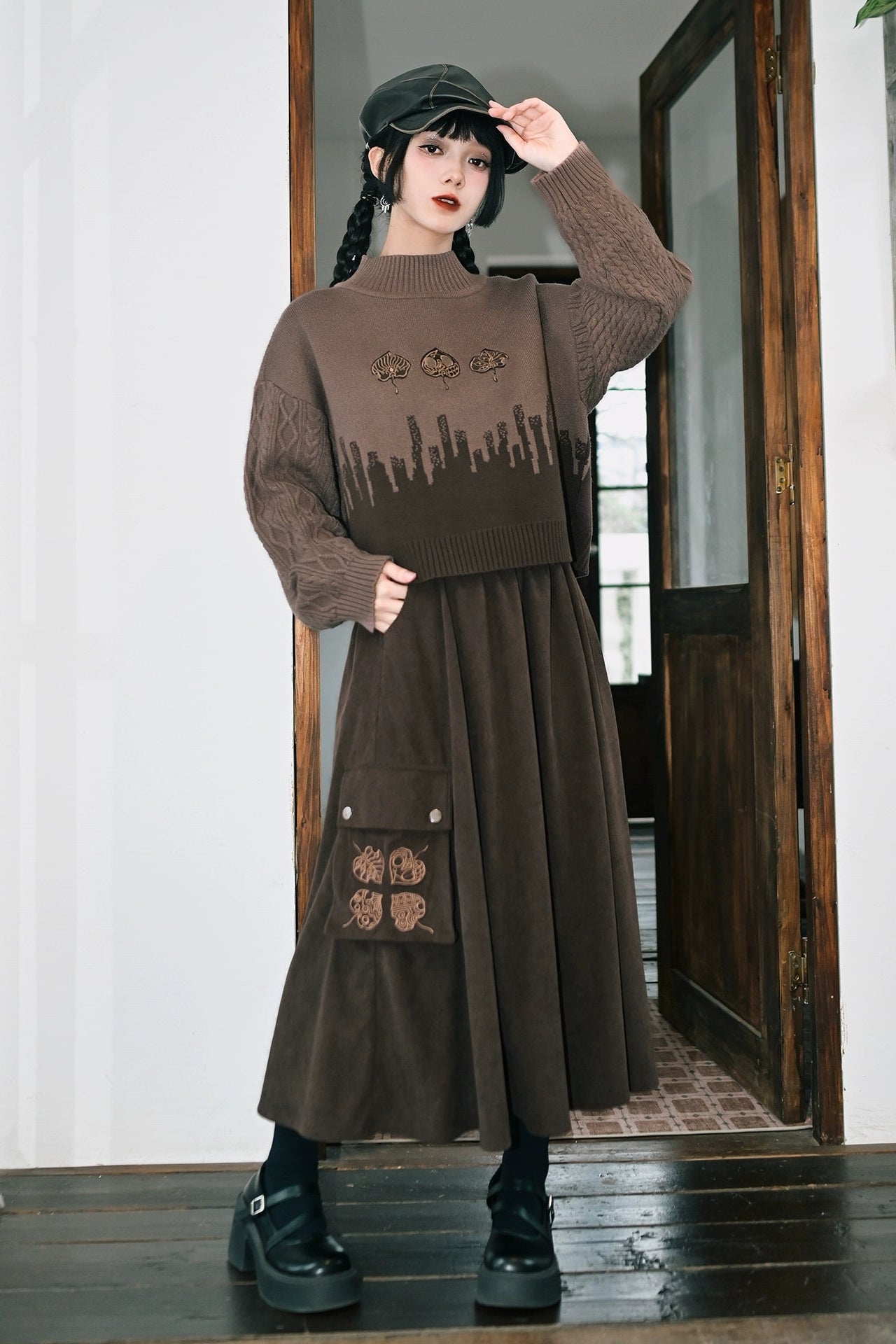 2 new products 81% off "Reincarnation" brown corduroy skirt drape slimming national style embroidered A-line skirt