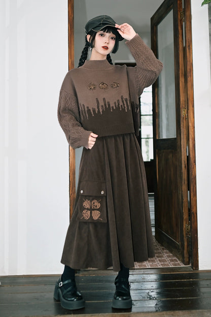 2 new products 81% off "Reincarnation" brown corduroy skirt drape slimming national style embroidered A-line skirt