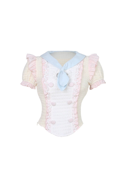 プリンミルクケーキパフスリーブトップス+サスペンダースカート