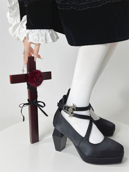 Teresa's Prayer Silk Strap Goth Elegant Square Toe High Heels