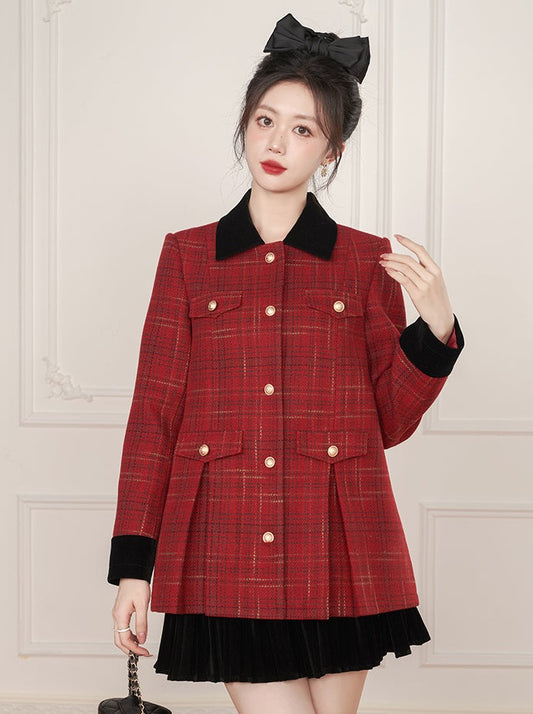 High-end French red check retro coat
