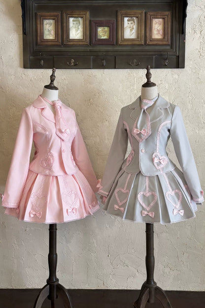 [Pre-order Deadline: June 28] Pink/Gray Vintage Lolita Heart Ribbon Tailored Jacket + Skirt + Tie