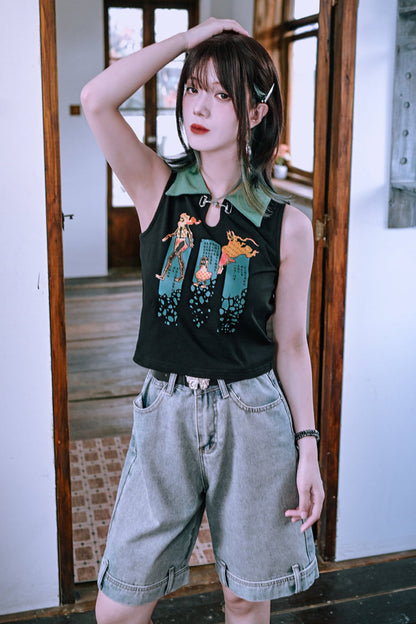 ウォッシュブルーデニムハーフパンツ