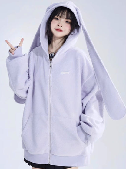 Solid Color Cute Bunny Ears Hooded Sweatshirt Jacket