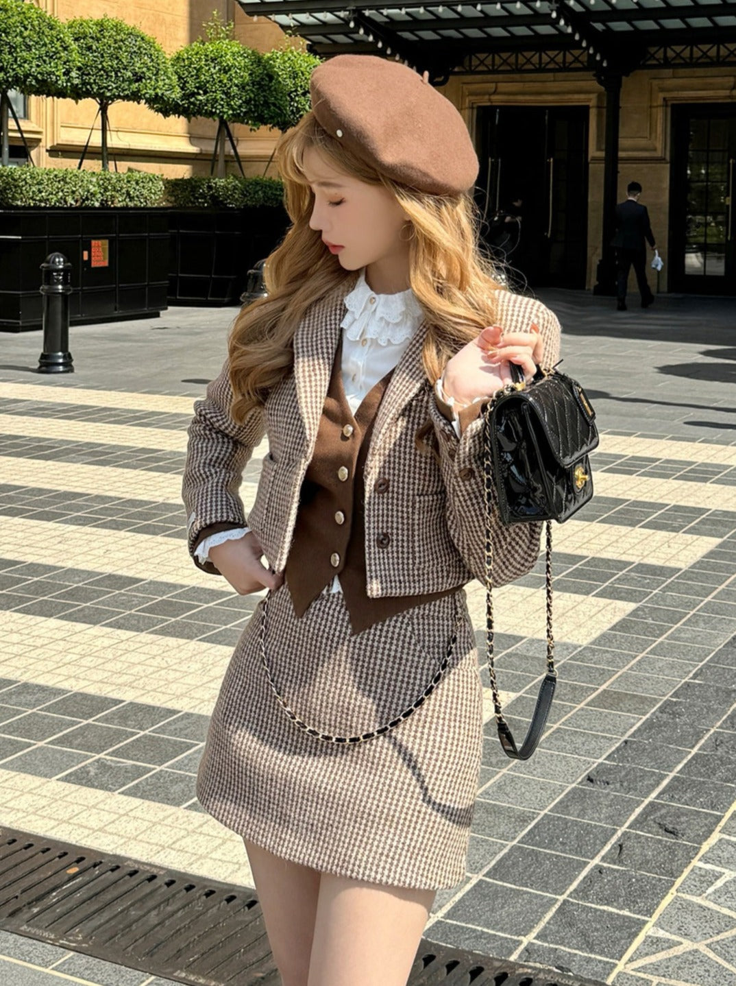 Chidori lattice retro brown wool jacket + best + skirt