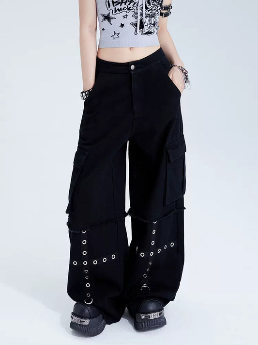 11SH97 Black Wide-Leg Jeans Women's Summer Design Patchwork Large Pocket Cargo Mop Casual Pants