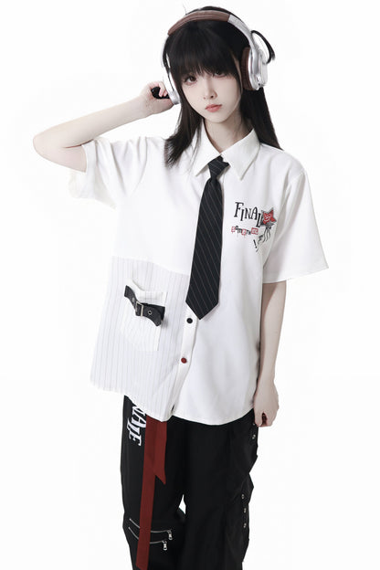 コントラストシャツ＋チェックスカート＋ブラックスカート＋ワイドパンツ＋ネクタイ