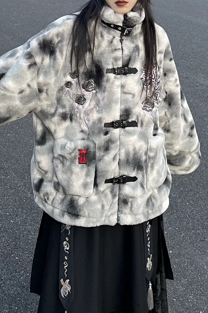 Eccentric House "Yinhu" imitation rabbit plush fur jacket women's winter new Chinese embroidered coat with a stand-up collar and thickened top