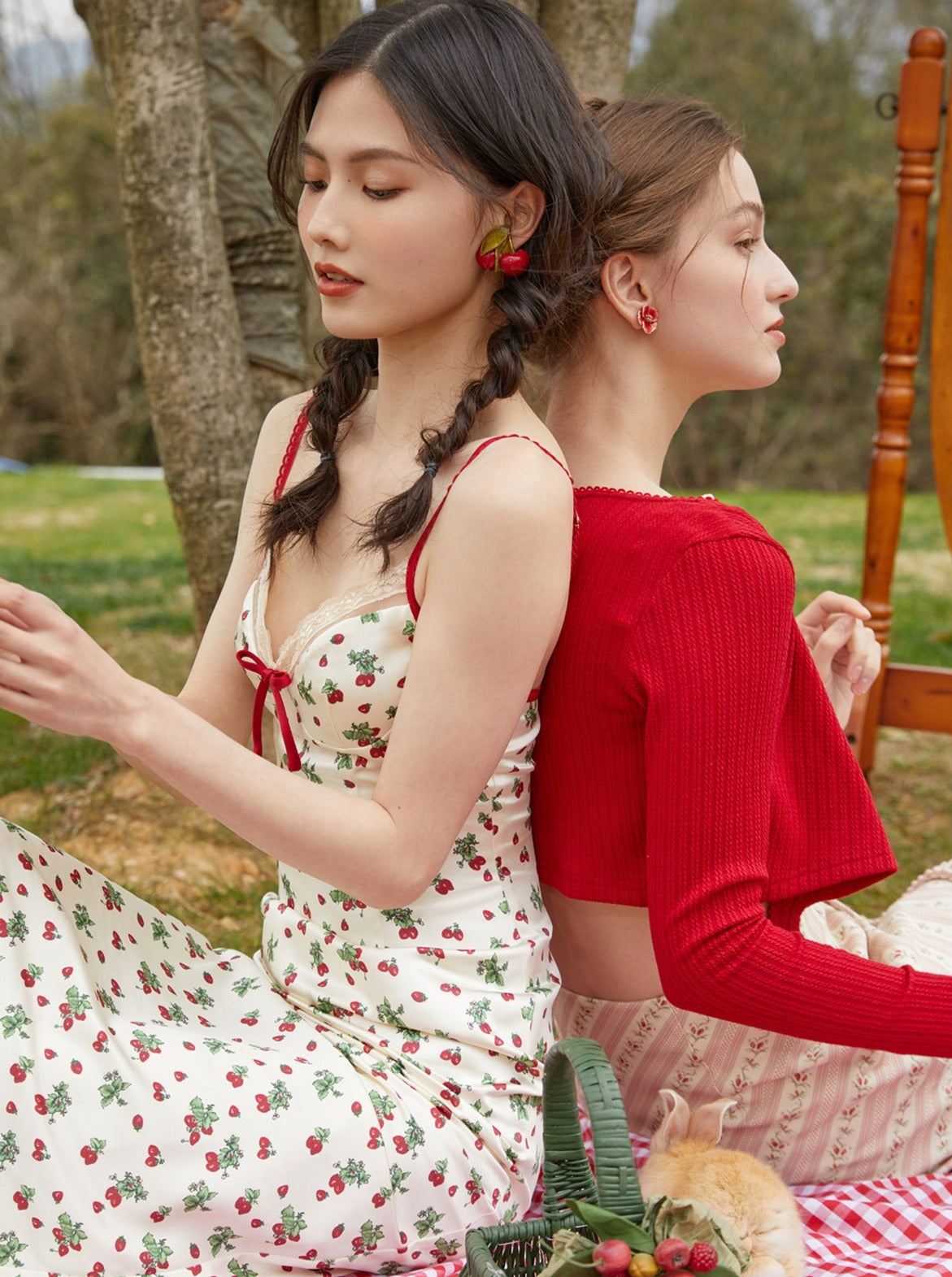 Short ribbon cardigan + strawberry dress