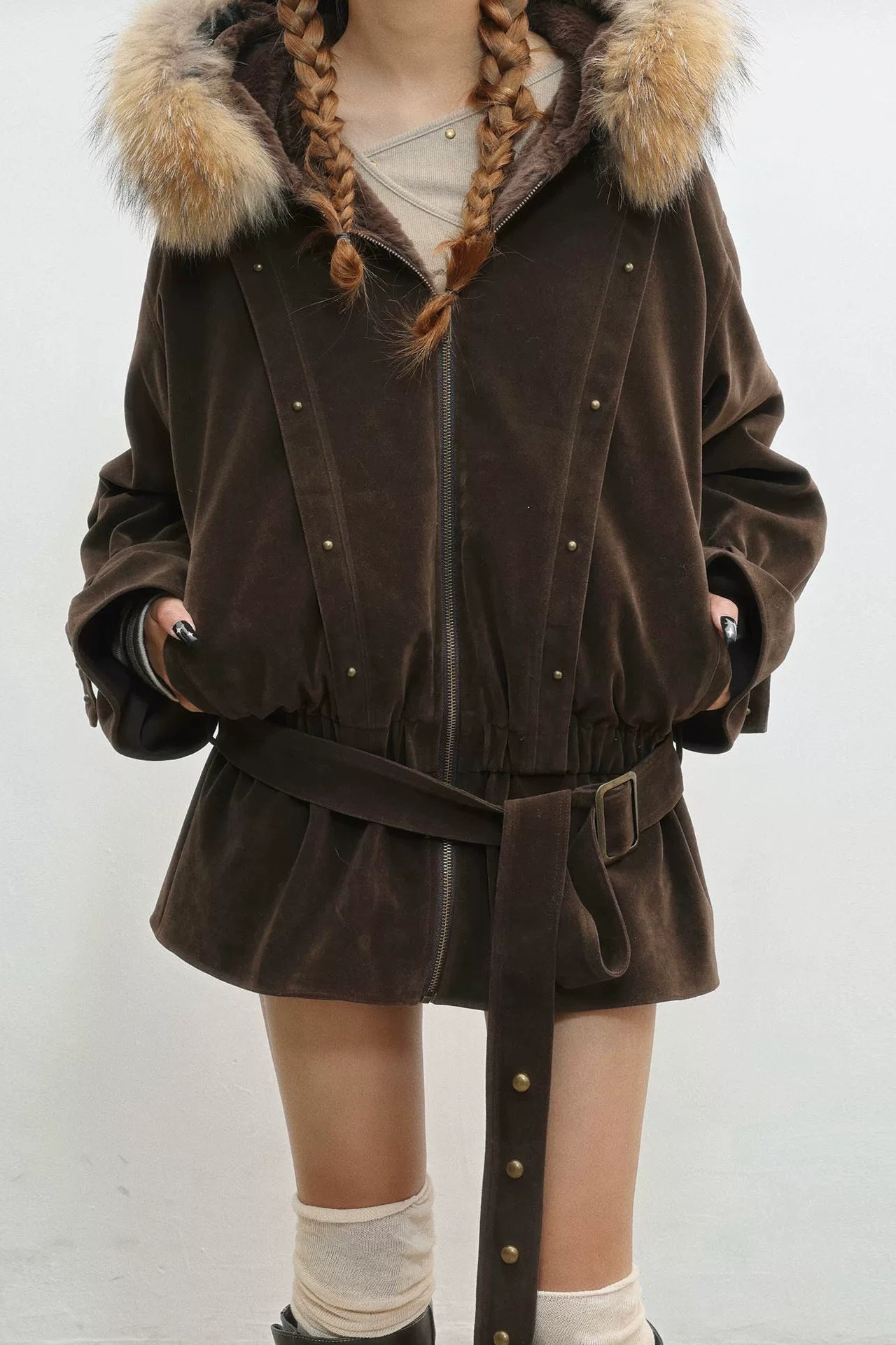 フレンチレトロベルベットファーフードジャケット