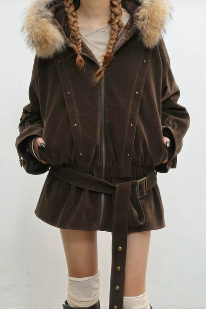 フレンチレトロベルベットファーフードジャケット