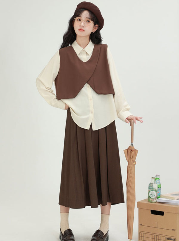 Faux two-piece shirt vest + pleated skirt