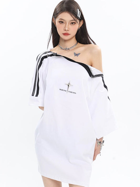 Space Design Zipper Strapless Metal Loose T-shirt