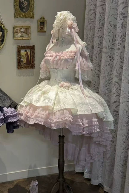 【4月28日予約締切】ピンク×ホワイトエレガントゴシックロリータコルセットレイヤードJSKドレス＋オフショルダーレースパフトップス
