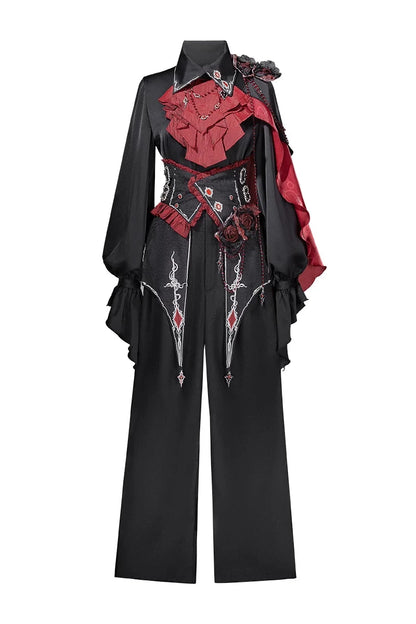 【10月8日予約締切】Ouji Fashion Black Red Gothic Ruffle Prince Lolita Full Set(Jewel Chain Ruffle Jabot Shirt + Rose Accessory Gothic Embroidered Corset Belt + Black Wide-Leg Pants + Rose Beaded One-Shoulder Cape)