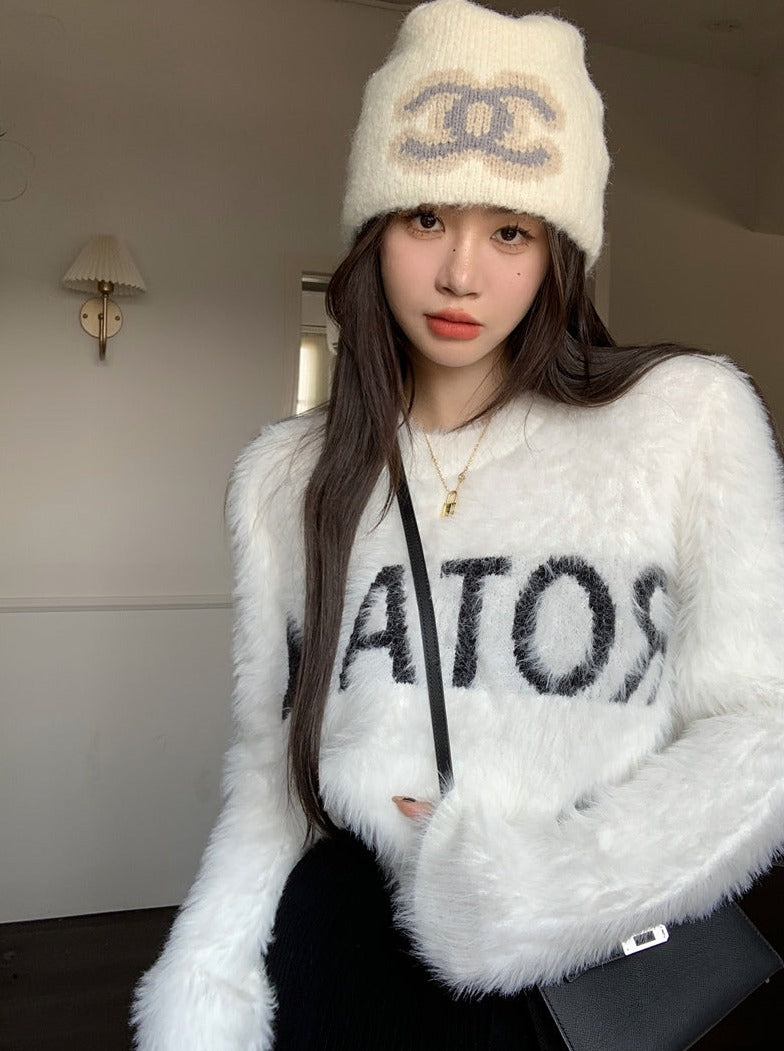 Logo soft fur knit top