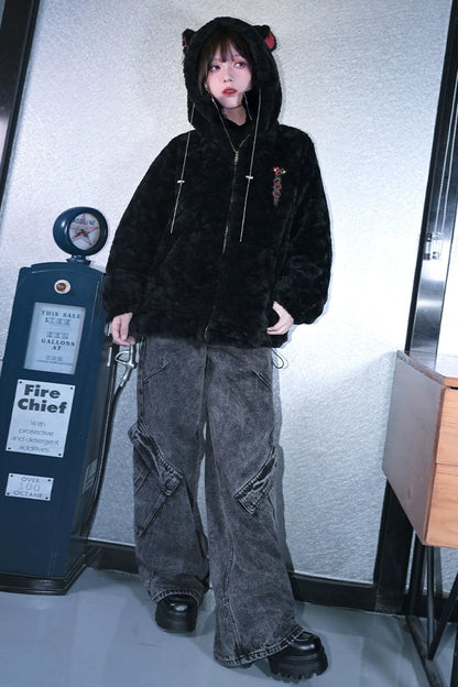 Fur cat ear hood outerwear