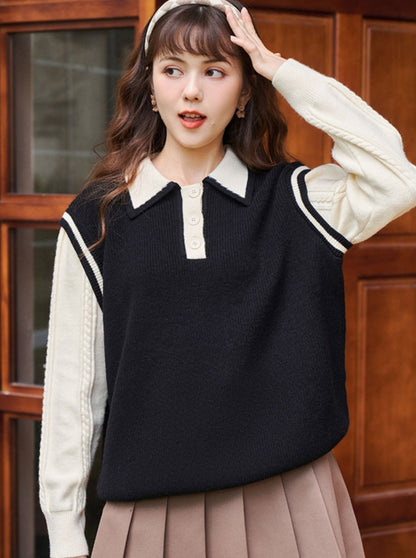 Polo collar faux two-piece knit sweater