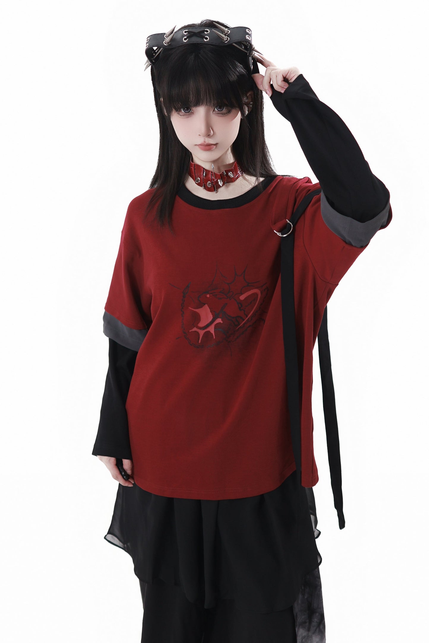 Splice mode red top + mode pants + rose belt