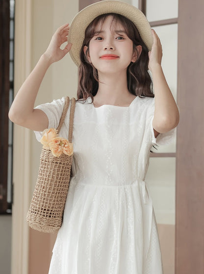 Square color puff sleeve waist dress