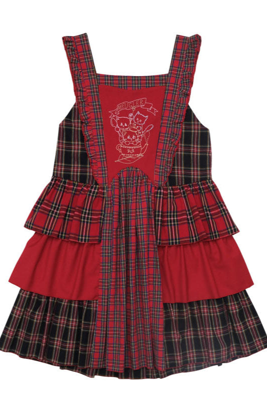 Retro Red Check Flared Ruffle Suspender Skirt