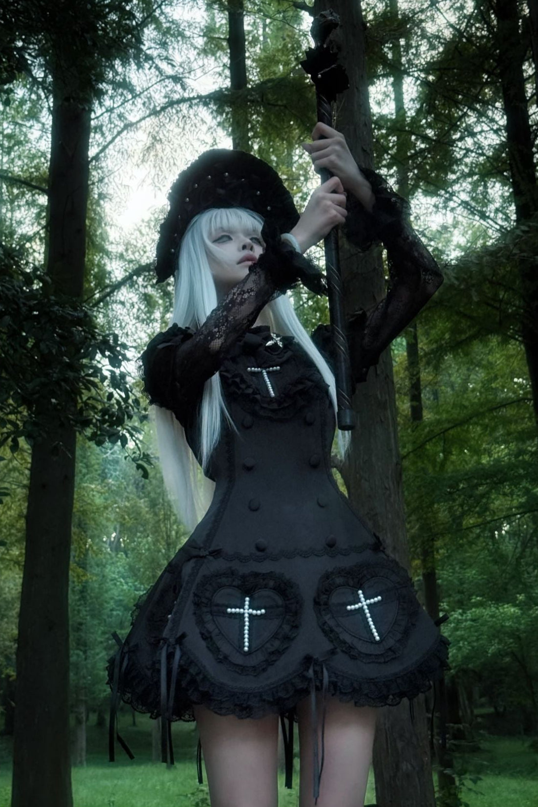 【12月6日予約締切】Night Crossダークエレガントゴシックロリータジュエルリボンケープ＋ショートドレス