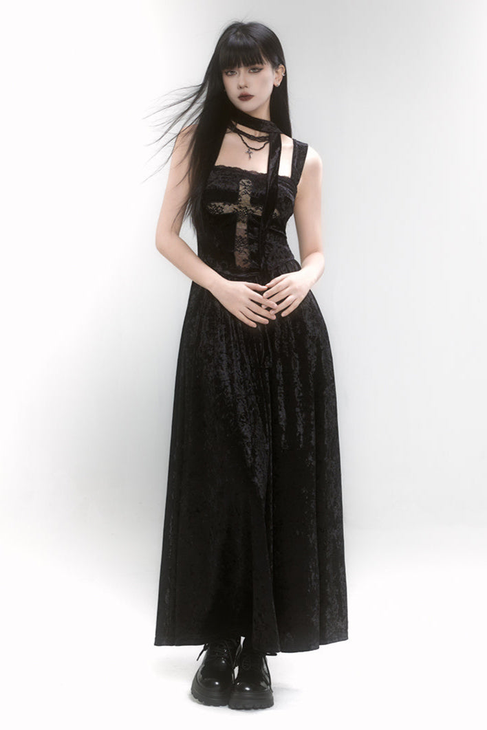 Velvet Lace Cross Long Dress + Shawl